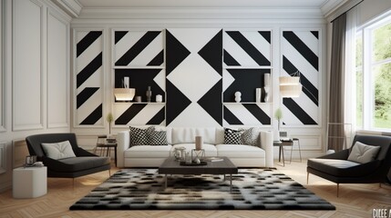 Wall Mural - A modern living room with geometric black and white patterns.