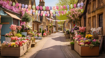 A quaint village street decorated for Easter with banners and flowers.