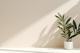 Fototapeta  - Minimalistic light background with blurred foliage shadow on a beige wall. Beautiful background for presentationwith marble floor.