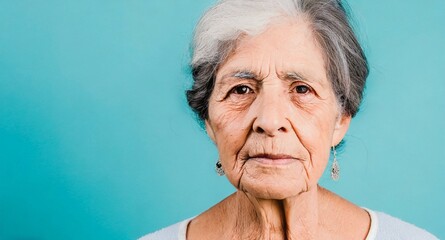 Wall Mural - Latin old woman isolated, blue background, displeased expression, face closeup, with copy space for text, logo or design