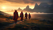 Tibetan monks are walking in high mountains
