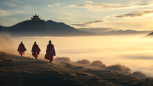 Tibetan Monks Are Walking In High Mountains