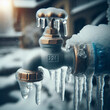 A frozen water pipe in winter, closeup, shallow depth of field. water tap covered with ice. ai generative