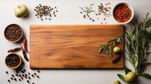 Wood Cutting Board With Linen Napkin And Spices With Copy Space, Top View