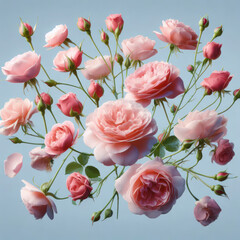 Wall Mural - Many delicate tender pink big and small open and closed red roses, flowers and buds levitating. ai generative