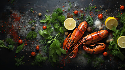 Wall Mural - Boiled lobster with vegetables on a black stone plate. Seafood. Free space for your text.