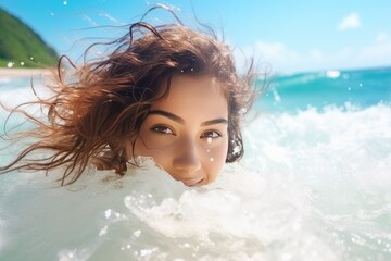 Wall Mural - Young cheerful woman bathing in warm tropical sea