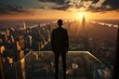 A male businessman or boss stands near a panoramic window at sunset and looks at the city