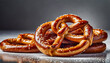 close up shot of Freshly baked homemade soft pretzel on rustic table