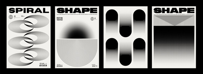 Sticker - Set Of Cool Abstract Geometric Posters. Brutalist Halftone Shape Vector Design. Retro Geometrical Placard. Textured Shapes.