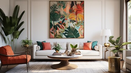 Wall Mural - A small living room space with a single, striking piece of wall art, enhancing the room's charm.