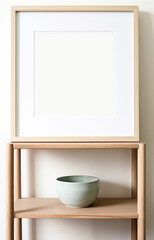 Wall Mural - Mockup of a blank classic wooden frame for a photo or painting in a minimalist interior by the wall, cute flowerpot. Template for photo montage.