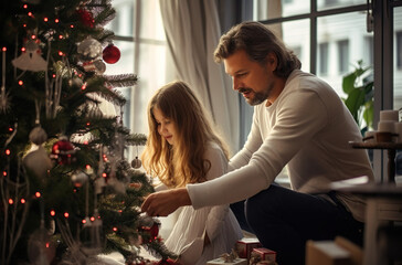 Wall Mural - Father and daughter decorate the Christmas tree