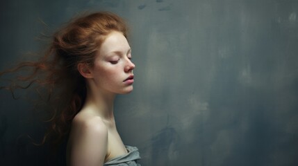 Sticker -  a woman with red hair in a gray dress with her eyes closed and her eyes closed to the side of her head.