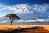 Kilimanjaro mount background in National park. Safari landscape, Tanzania Africa. Generative ai
