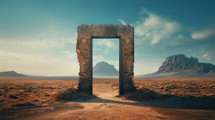 Door to heaven. Glowing desert and mountains.	
