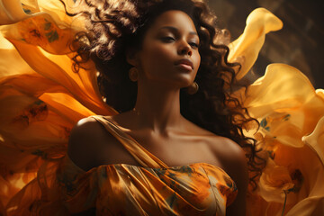 Wall Mural - Portrait of sensual young African American woman with long black curly hair in yellow dress. Copy space