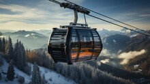 Cable Car Cabin With Winter Mountains In The Background