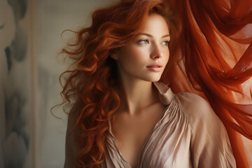 Wall Mural - Portrait of sensual young red haired woman with long ginger curly hair.