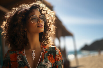 Wall Mural - Portrait of sensual young brown haired woman with long dark curly hair in glasses. Copy space