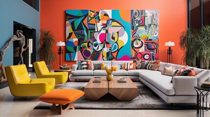 Wall Mural - A vibrant living room with bold, colorful wall paintings that energize the space.
