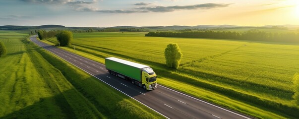 Wall Mural - Truck driving on asphalt road along green landscape. Generative ai