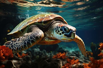 Wall Mural - A turtle swimming in the ocean with corals.