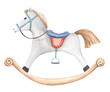 © Volha - Vintage style cute toy rocking horse with red saddle and bridle isolated on transpatent background. Watercolor hand drawn illustration of children's room decoration, not AI.