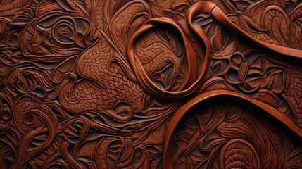  a close up of a leather textured surface with a snake and flowers design on the side of the surface.