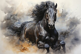 Fototapeta  - Immerse yourself in the beauty of a majestic black horse captured in a stunning watercolor painting illustration. Experience the grace and power in every stroke. Ai generated