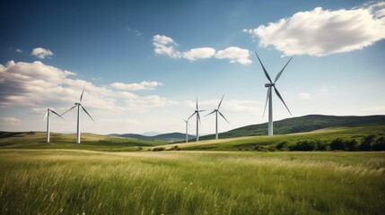  Wind turbines or windmill stand tall in a vast field, harnessing renewable energy from the breeze. The landscape harmonizes with sustainable technology, exemplifying eco-friendly power generation.