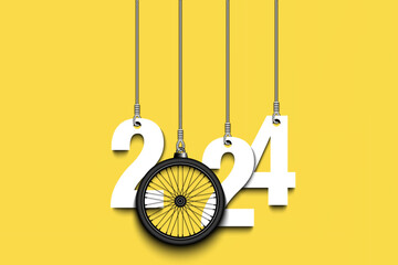 Wall Mural - Happy New Year 2024 and bike wheel