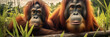 The two orang utans look curious as they discover the hidden wildlife camera in the rainforest. Beautiful panoramic animal portrait with selective focus, ideal as web banner or for use in social media