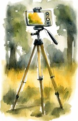 Wall Mural - Phone mounted on a tripod, watercolor style. Versatile tool for content creation, vlogging, or video calls, offering hands-free convenience and professional results.