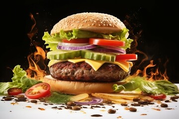Wall Mural - Realistic scene of a smoky hamburger with ingredients in dynamic motion
