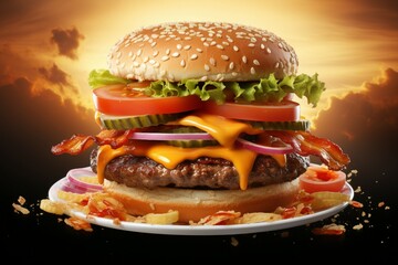 Wall Mural - Realistic scene of a smoky hamburger with ingredients in dynamic motion