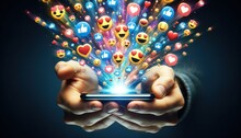 Hands Holding A Smartphone With Social Media Emoji Reactions Emerging In A Colorful Display, Symbolizing Digital Engagement.
