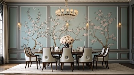 Wall Mural - Design an elegant and timeless wall painting with intricate floral motifs that adds a touch of classic beauty to a formal dining room.