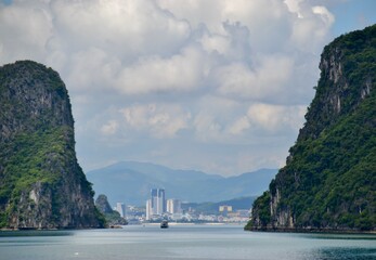 City of Ha Long in Vietnam at harbor entrance