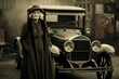 © juliars - Sturdy American old woman car 1920 year. Pretty female. Generate Ai