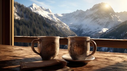 an alpine retreat with two steaming cups of herbal tea set against the backdrop of snow-capped mountains in a modern minimalist style.