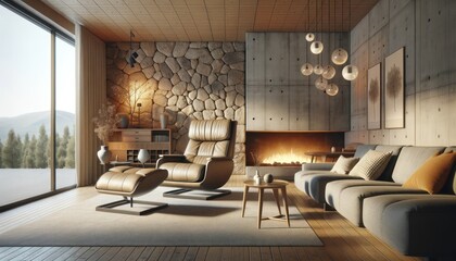 Scandinavian home interior design of a modern living room, featuring two recliner chairs in a room with a stone wall and fireplace