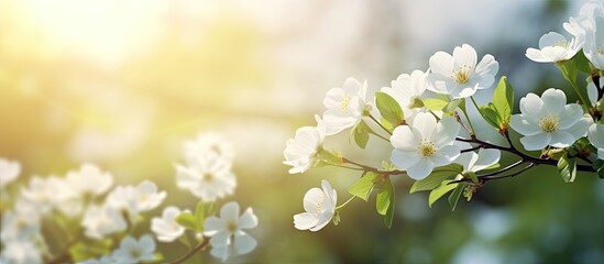  The white flowers are blooming beautifully, surrounded by green nature, open sky, and shining sun.