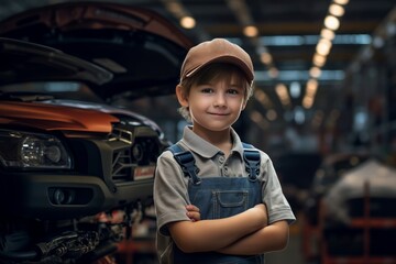 Poster - Curious Engineer child boy car assembly shop. Steel vehicle. Generate AI