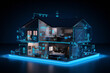 An isometric view of a two-story house with blue neon lighting accents, illustrating a high-tech automated home system