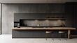 © Jacqueline - Modern kitchen with dark grey cabinets, a large wooden island with stools, and stylish black pendant lights.