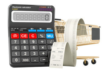 Poster - Calculator with shopping cart and receipt print, 3D rendering isolated on transparent background