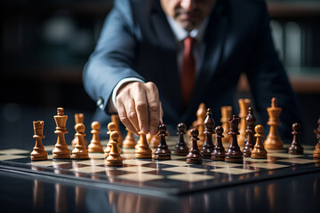 Businessman moving chess piece on chess board game