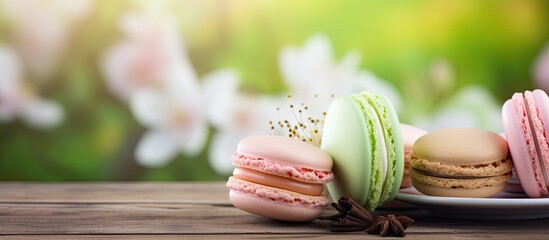 Poster - Pastel-colored macarons and green tea on a wooden table top.