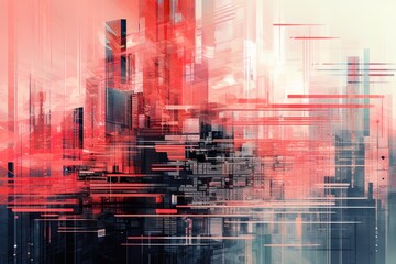 Canvas Print - A digital glitchy city with transparent buildings and red hues. AI tech background concept.